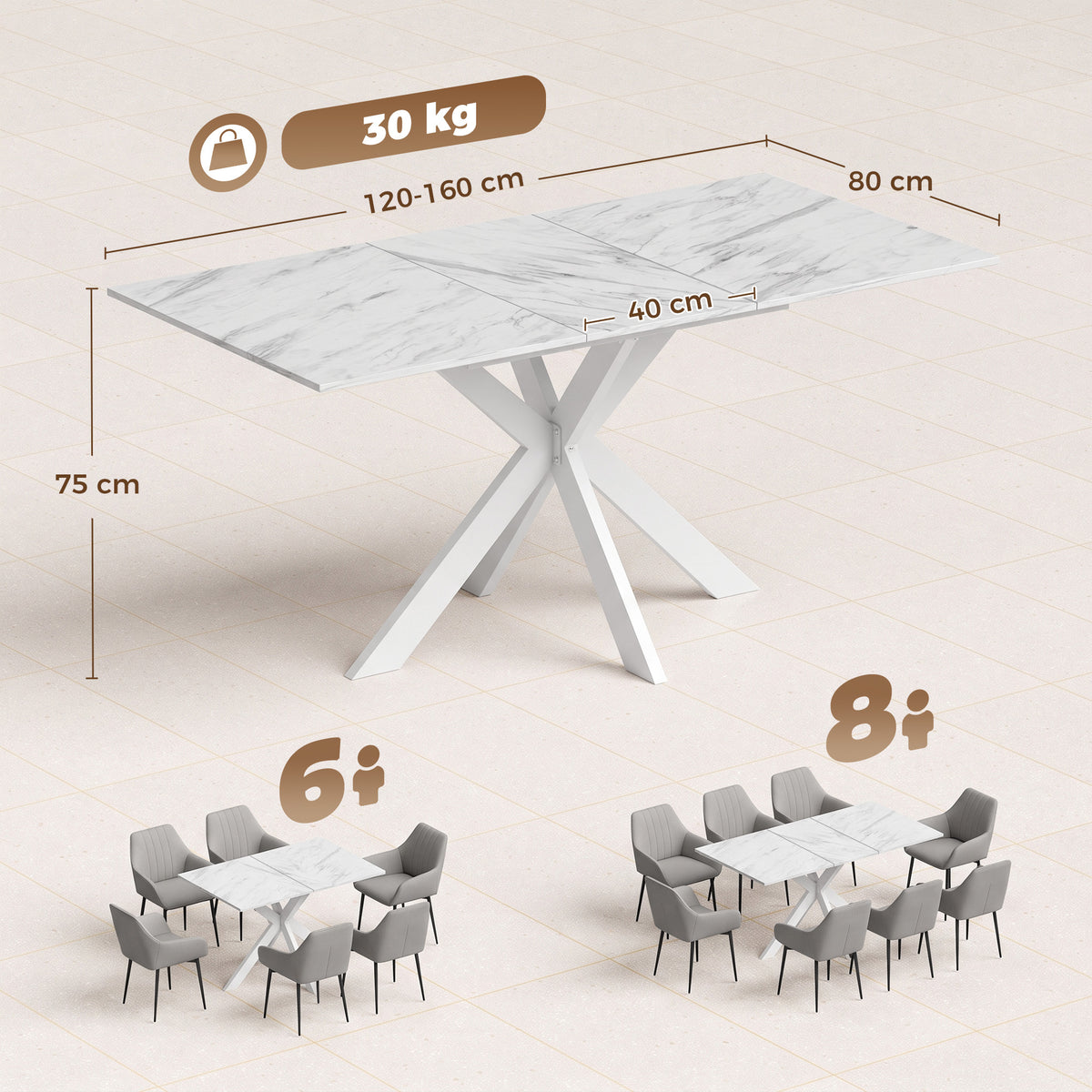 HOMCOM Extendable Dining Table Steel Cross Legs Steel Rails Space Saving White