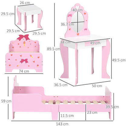 مجموعة أثاث غرفة نوم الأطفال ZONEKIZ مكونة من 3 قطع مع سرير وطاولة زينة وكرسي، بتصميم أميرات، للأطفال من سن 3 إلى 6 سنوات، باللون الوردي