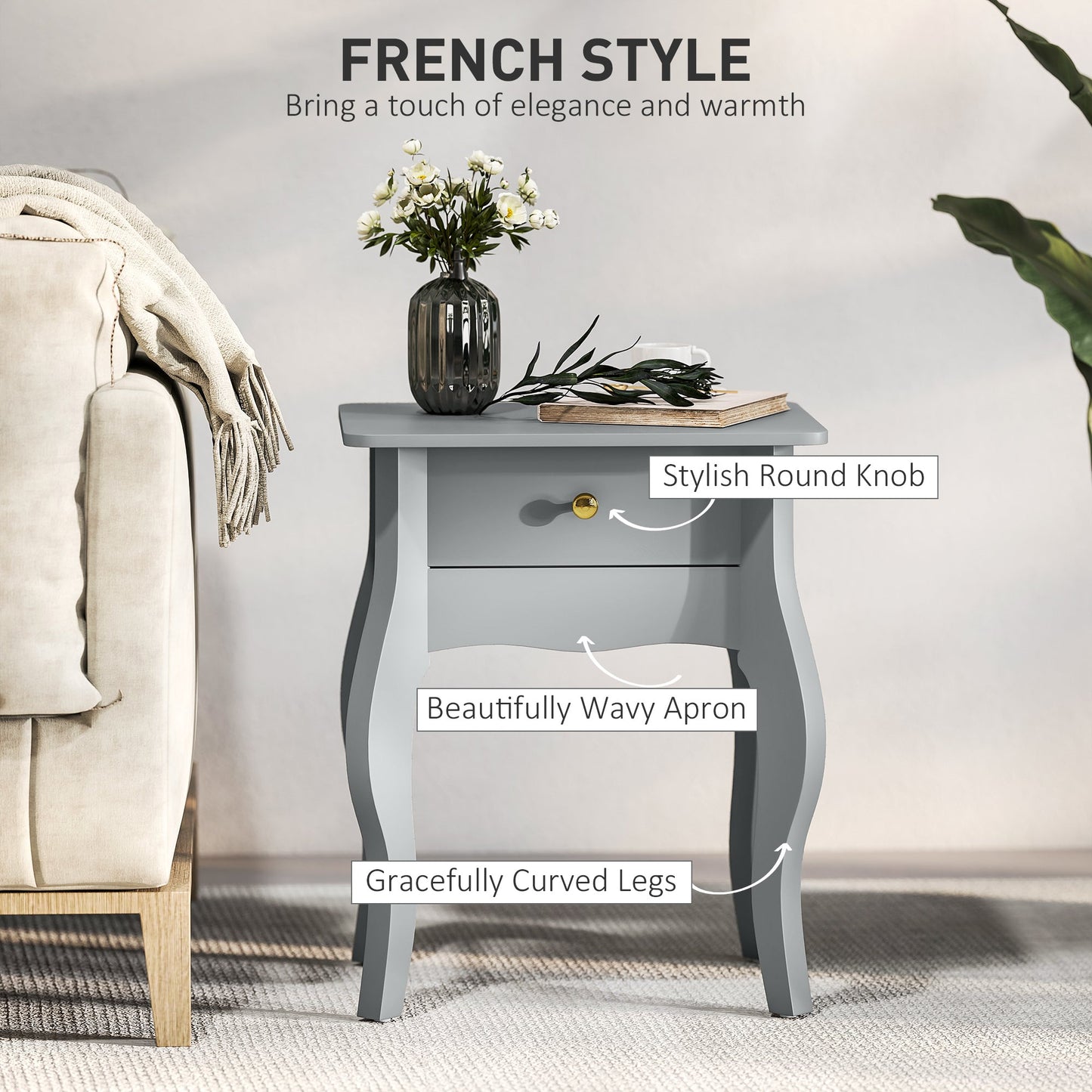HOMCOM French Style Side Table with Drawer - Grey