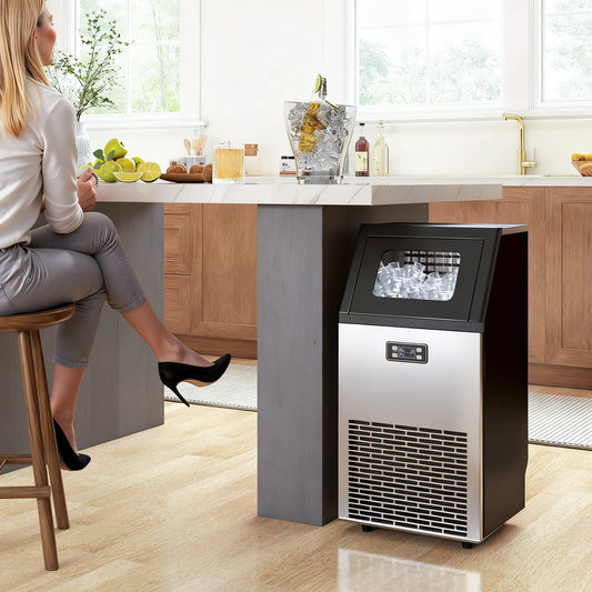 HOMCOM Commercial Ice Maker Machine, Freestanding Stainless Steel Ice Machine with Self-Cleaning, LCD Display, 45kg/24 Hours and 11kg Ice Storage for Home, Office, Bar, Restaurant, Supermarkets