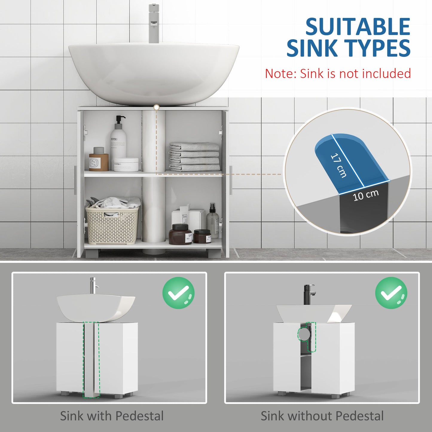 kleankin Pedestal Under Sink Cabinet, Modern Bathroom Vanity Unit, Storage Cupboard with Double Doors, Adjustable Shelf, White