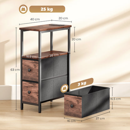 HOMCOM Side Table, Narrow Bedside Table with Charging Station, 2 Drawers, AC Outlet and 2 USB Ports for Living Room, Bedroom