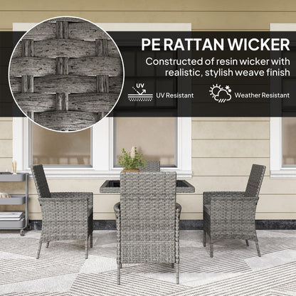 Outsunny Rattan Garden Furniture Set, Outdoor Dining Table and Chairs 4 Seater with Cushions, Square Tempered Glass Top, 4 Armchairs, for Balcony, Terrace, Conservatory, Grey