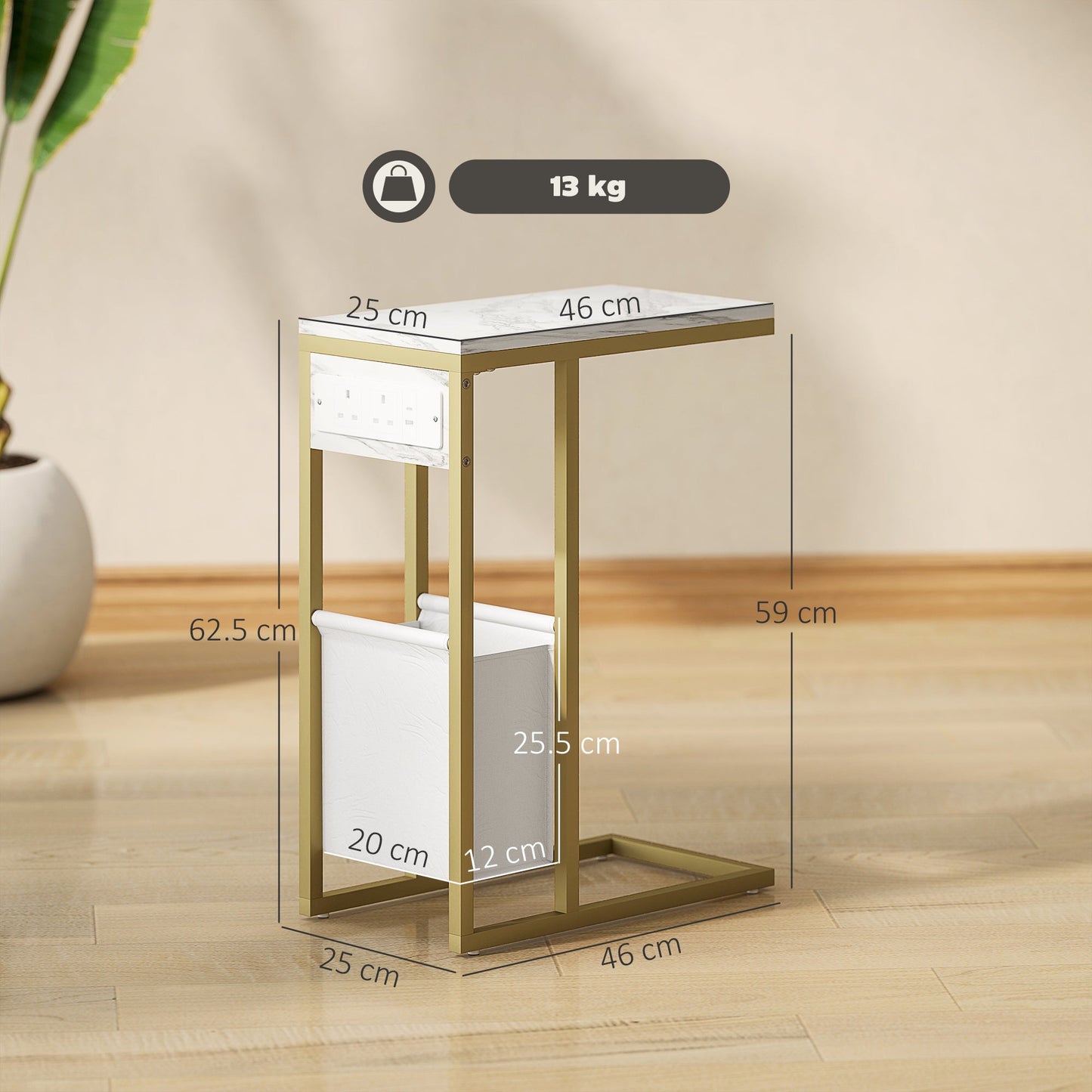 HOMCOM C Shaped Side Table with Charging Station and Faux Marble Top - White