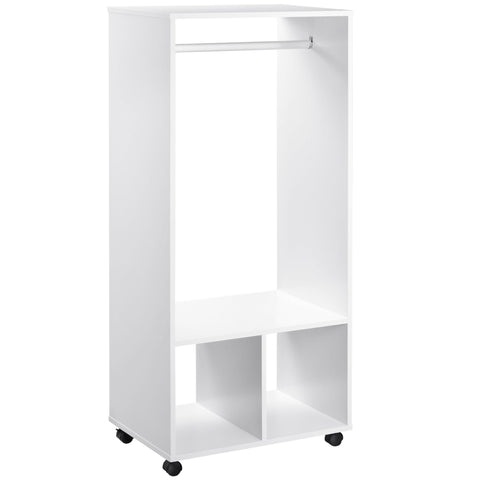 HOMCOM Open Wardrobe on Wheels, Bedroom Wardrobe with Clothes Hanging Rail, 2 Storage Shelves, Mobile Garment Rack for Cloakroom, Hallway, White