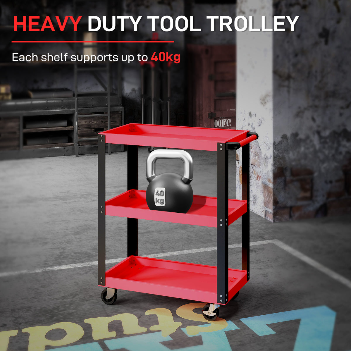 HOMCOM Tool Utility Cart Heavy Duty Tool Trolley Rolling with Brake Swivel Castors 3 Shelves Black Red