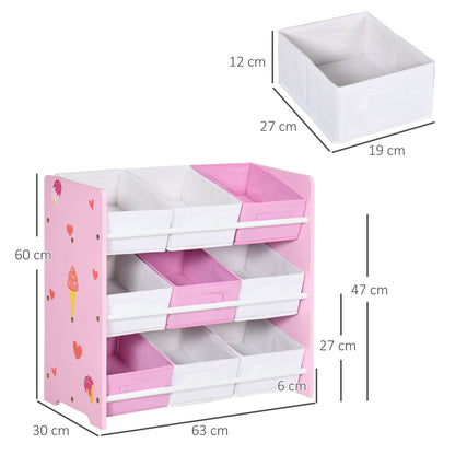 ZONEKIZ Kids Storage Rack, with Nine Removable Baskets, for Nursery, Bedroom, Playroom - Pink