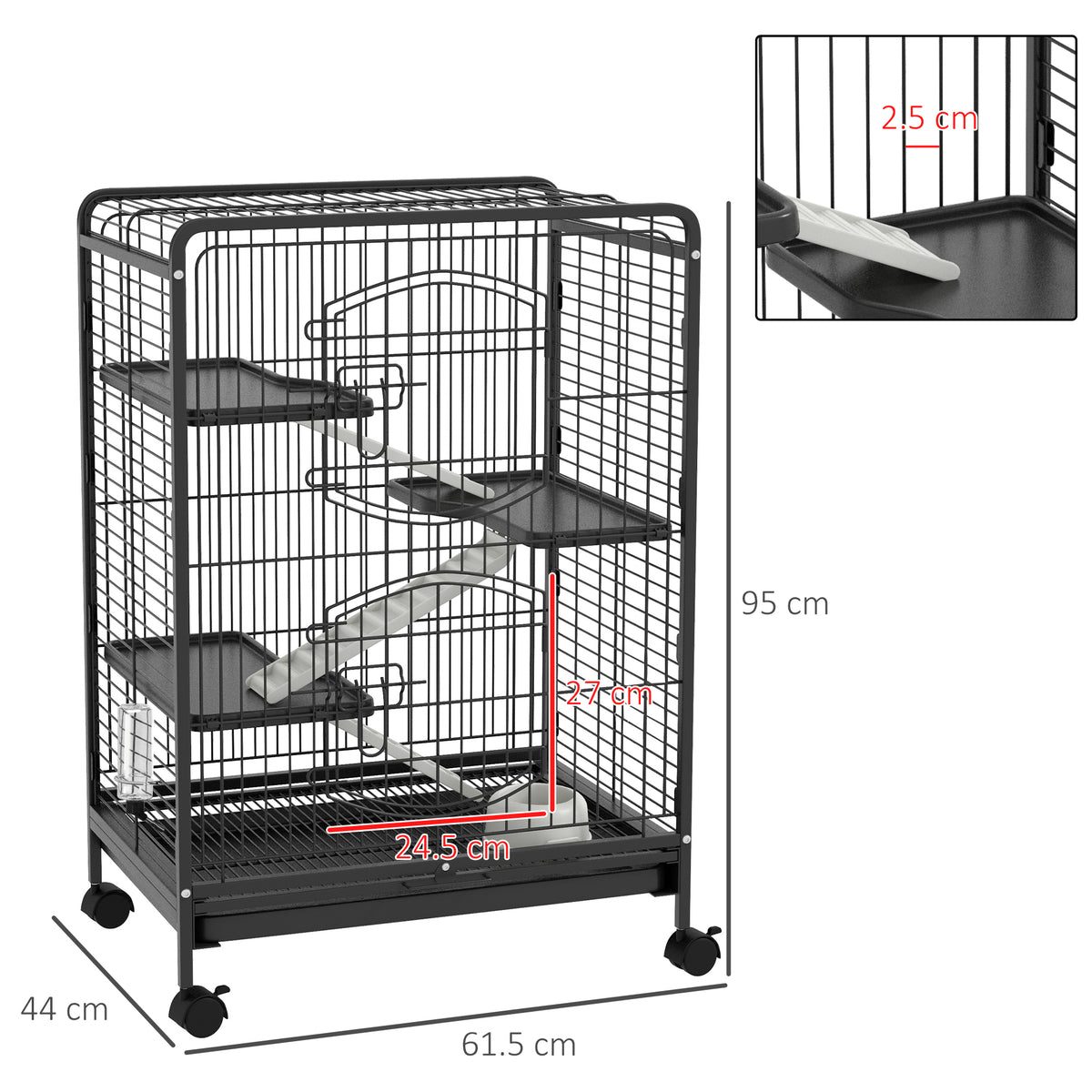 PawHut 4 Levels Removable Small Animal Cage, 95cm - Black