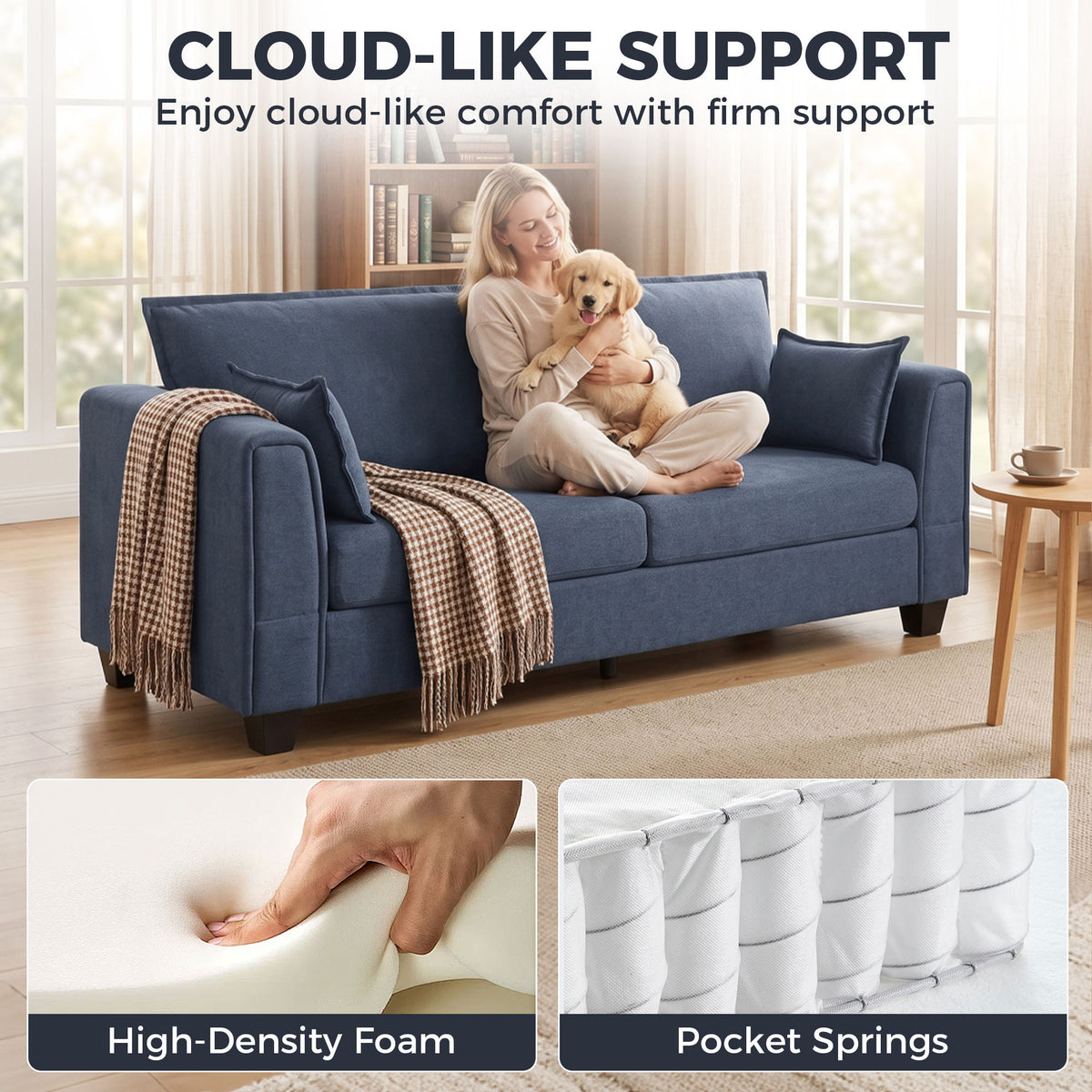 HOMCOM 3 Seater Sofa, Linen Upholstered Sofa Couch with Spring Cushions, Thick Padding, Wide Padded Armrests, Dark Blue