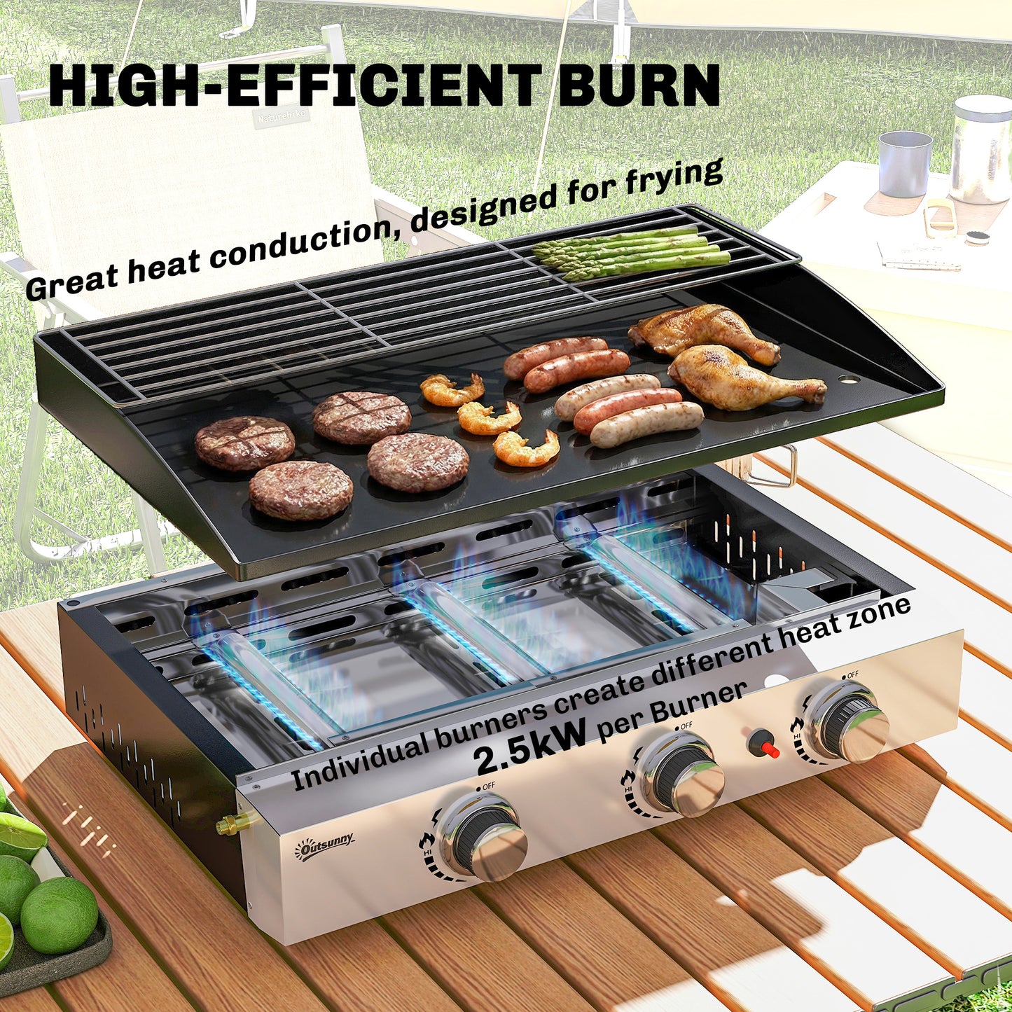 Outsunny 3 Burner Grill Griddle, Portable Gas Plancha with Warming Rack, 7.5 kW, Tabletop Gas BBQ with Grease Cup, Black