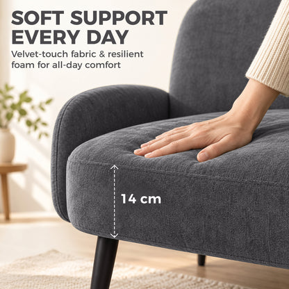 HOMCOM 132cm 2 Seater Sofa, Velvet Comfy Small Sofa Couch with Wide Seat, Thick Padding, Tapered Metal Legs, Dark Grey