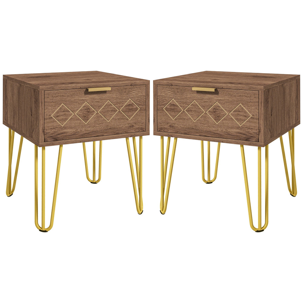 HOMCOM Bedside Table Set of 2 with Drawer, Wooden Nightstand, Modern Sofa Side Table with Gold Tone Metal Legs for Bedroom