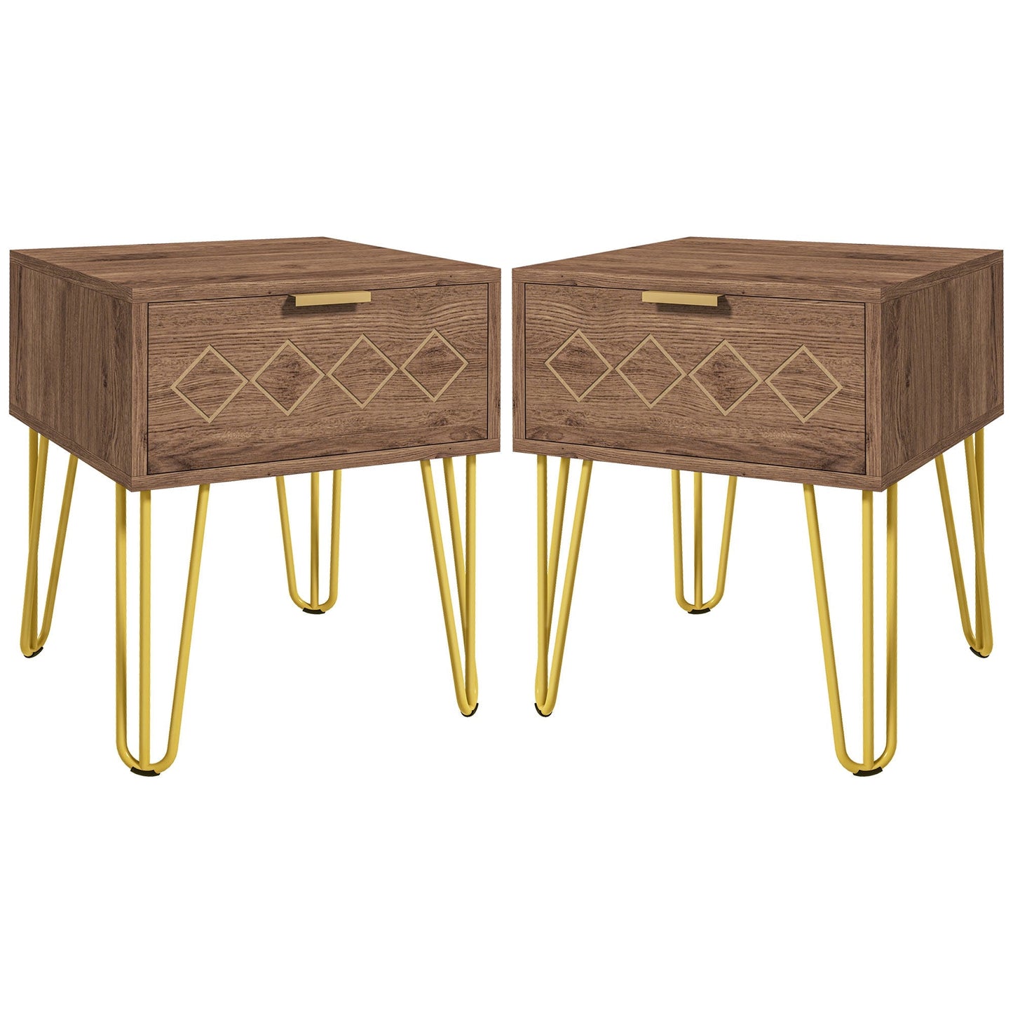 HOMCOM Bedside Table Set of 2 with Drawer, Wooden Nightstand, Modern Sofa Side Table with Gold Tone Metal Legs for Bedroom
