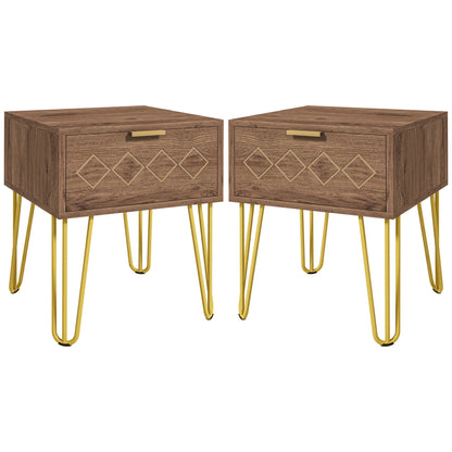 HOMCOM Bedside Table Set of 2 with Drawer, Wooden Nightstand, Modern Sofa Side Table with Gold Tone Metal Legs for Bedroom