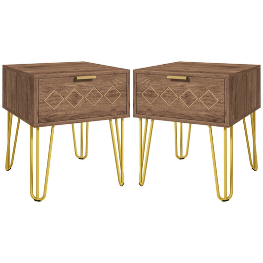 HOMCOM Bedside Table Set of 2 with Drawer, Wooden Nightstand, Modern Sofa Side Table with Gold Tone Metal Legs for Bedroom