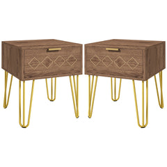 HOMCOM Bedside Table Set of 2 with Drawer, Wooden Nightstand, Modern Sofa Side Table with Gold Tone Metal Legs for Bedroom