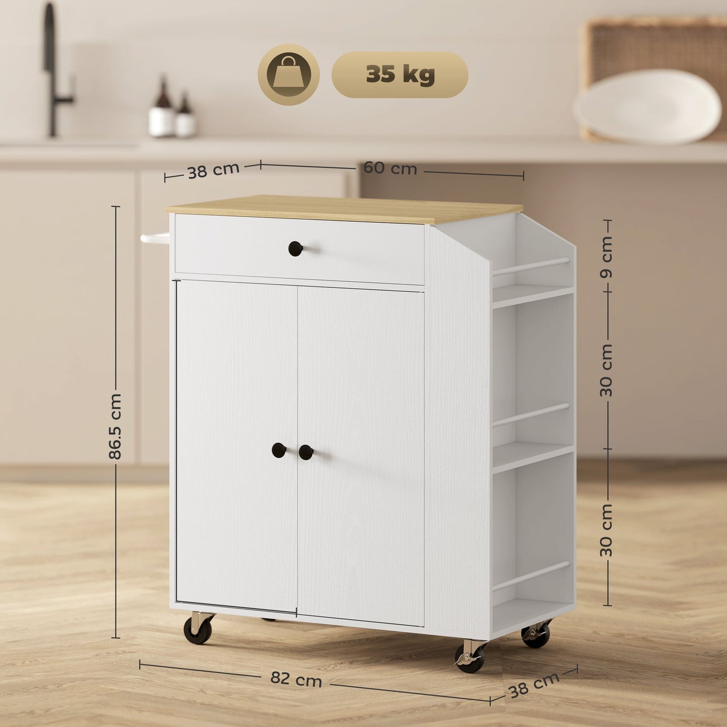 HOMCOM Rolling Kitchen Island with 3-Tier Spice Rack, Kitchen Storage Cart with Drawer and Towel Rack, White