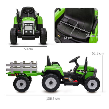 HOMCOM Ride On Tractor, Battery Powered Electric Car, with Detachable Trailer, Remote Control, Music - Green