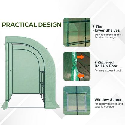 Walk-In Lean to Wall Greenhouse with Windows and Doors 2 Tiers 6 Wired Shelves 300L x 150W x 215Hcm Green