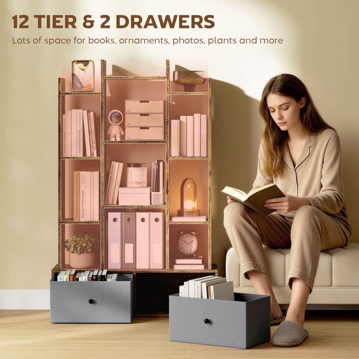 HOMCOM 12 Shelf Storage Unit, with Drawers - Brown