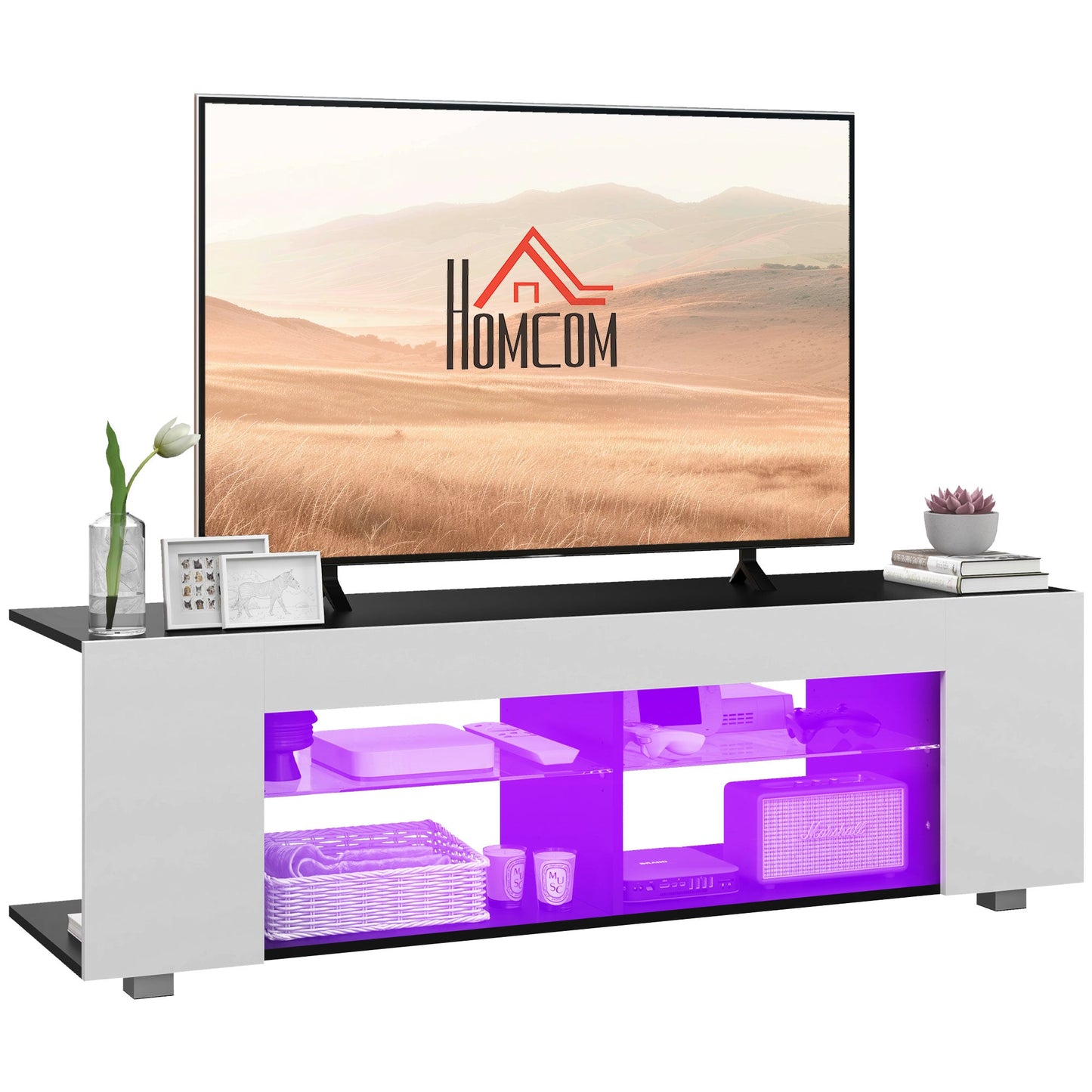 HOMCOM Multi-Shelf TV Cabinet, with Adjustable LED Lights - White
