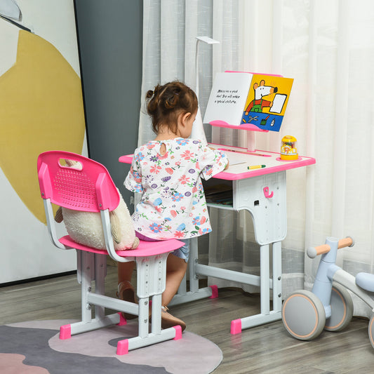 HOMCOM Kids Desk and Chair Set Adjustable Height Study Table Set with Drawer, Book Stand, Pen Slot - Pink