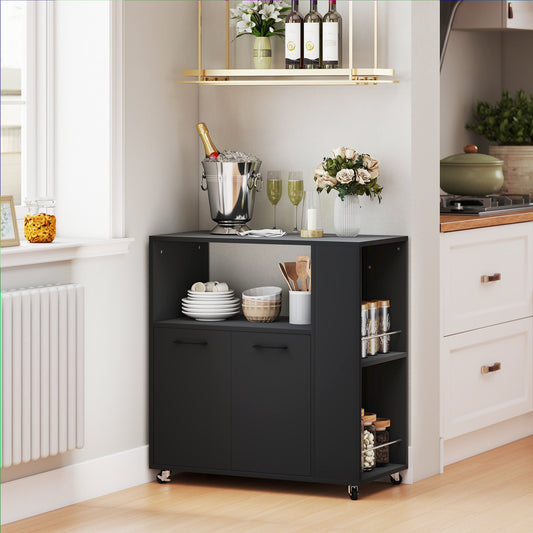 HOMCOM Kitchen Trolley on Wheels, Rolling Kitchen Island Cart with 2-Door Cabinet, Spice Rack and Adjustable Shelf, Black