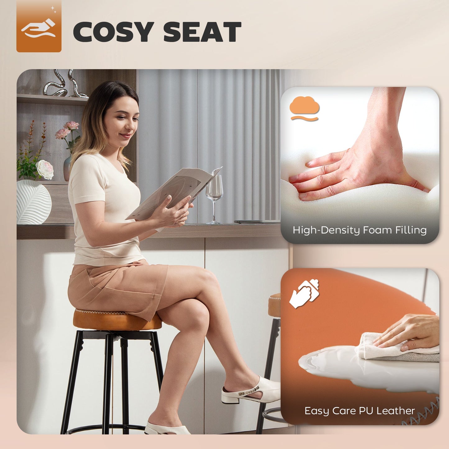 HOMCOM Set of Two Faux Leather Bar Stools - Brown/Black