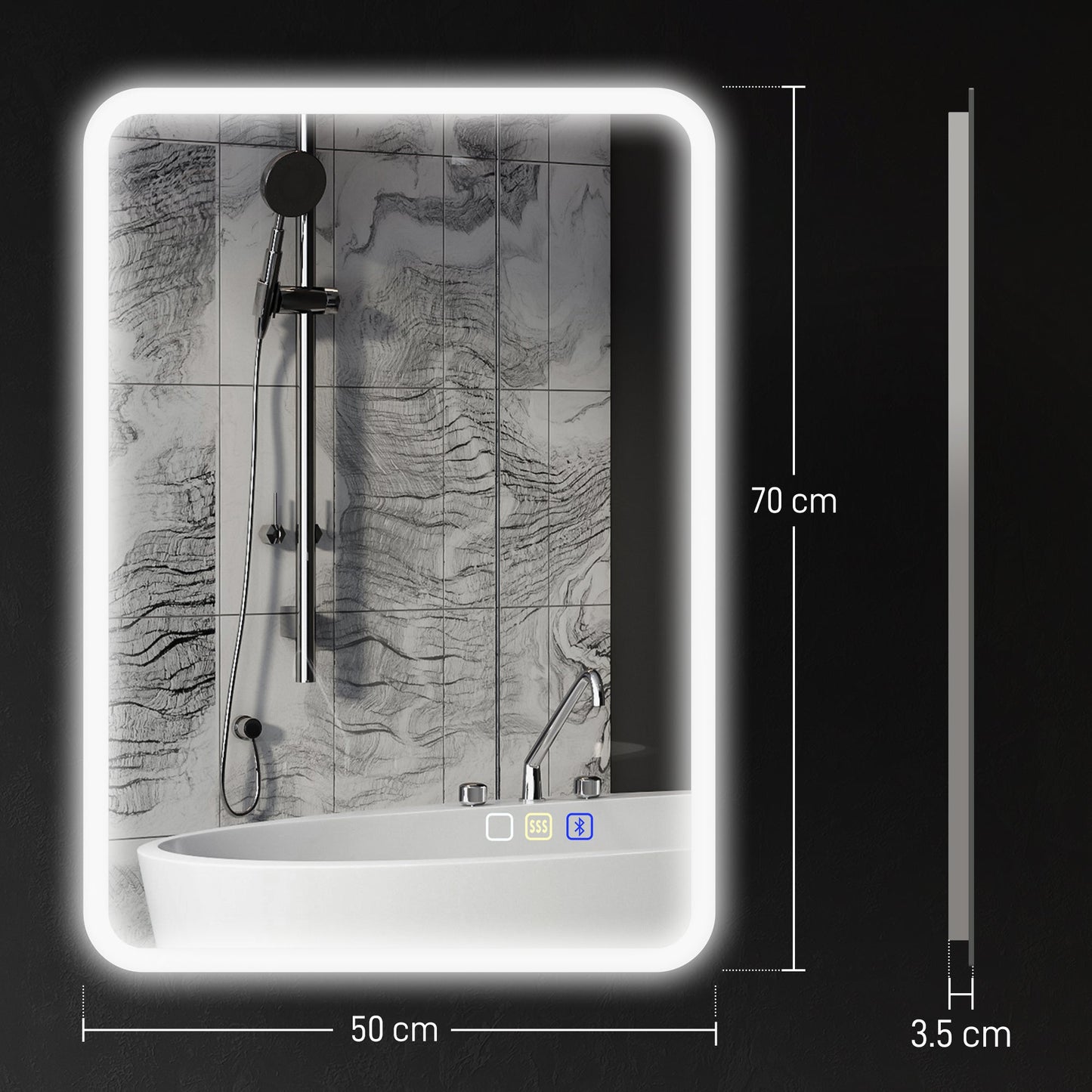 HOMCOM 70 x 50cm LED Bathroom Mirror, with Bluetooth - Silver Tone