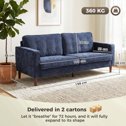 HOMCOM 3 Seater Sofa Button Tufted Upholstered Velvet Couch with Wood Legs for Living Room, Dark Blue