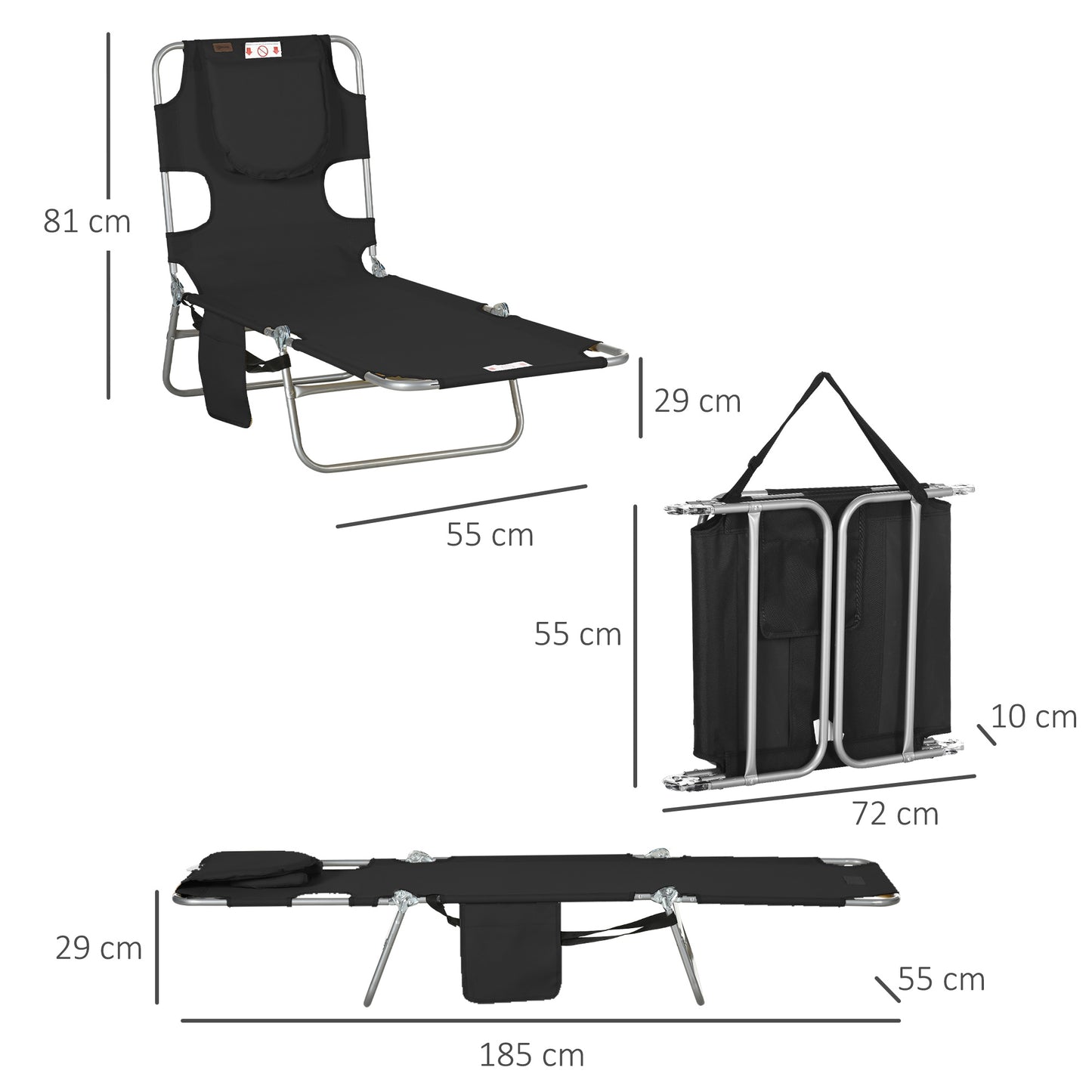 Outsunny Foldable Sun Lounger, Beach Chaise Lounge with Reading Hole, Arm Slots, 5-Position Adjustable Backrest, Side Pocket, Pillow for Garden, Beach, Pool, Black