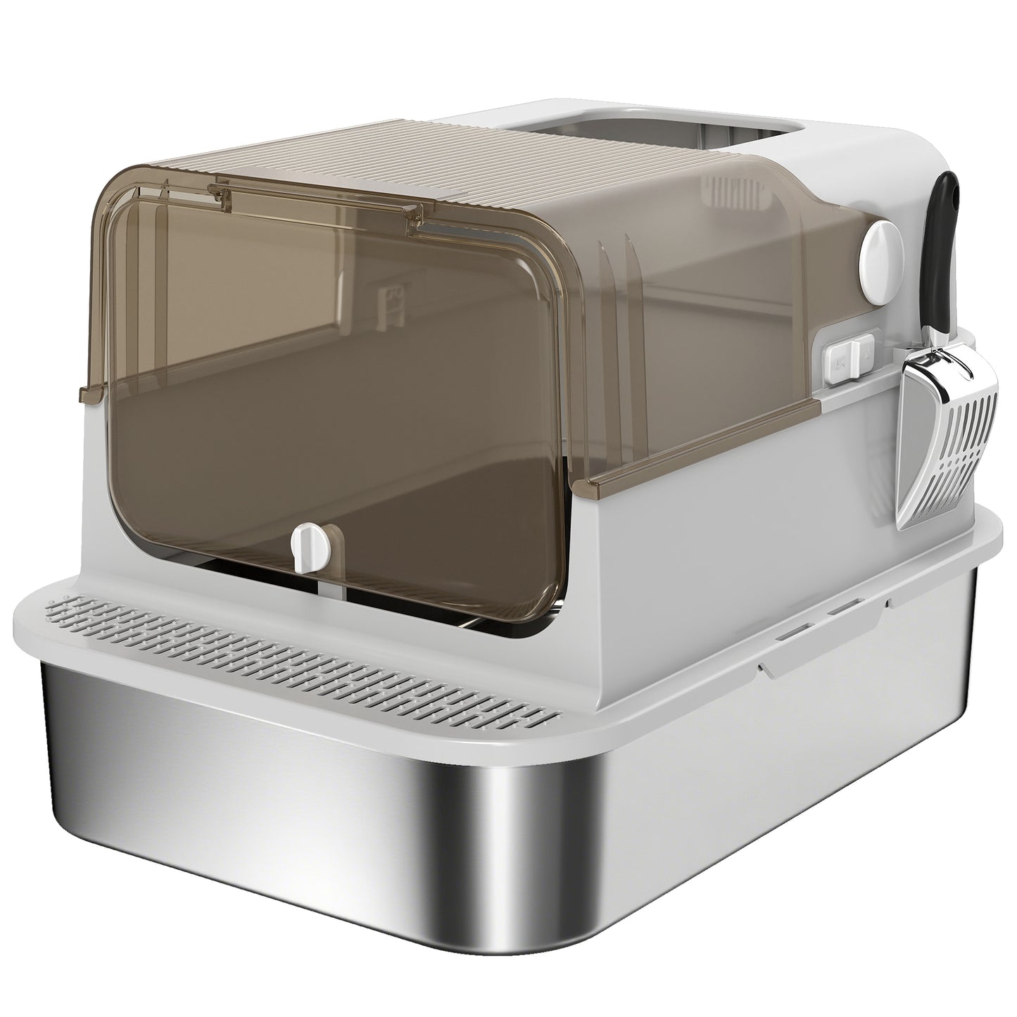 PawHut XXL Stainless Steel Cat Litter Tray, Enclosed Cat Litter Box with 90Â° Flip Cover, Double Doors, Scoop, Easy Clean, Grey