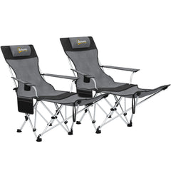 Outsunny Set of 2 Reclining Folding Camping Chair w/ Detachable Footrest, Storage Bag, Cup Holder & Headrest, Lightweight Portable Camp Chair for Beach, Picnic, Grey and Black