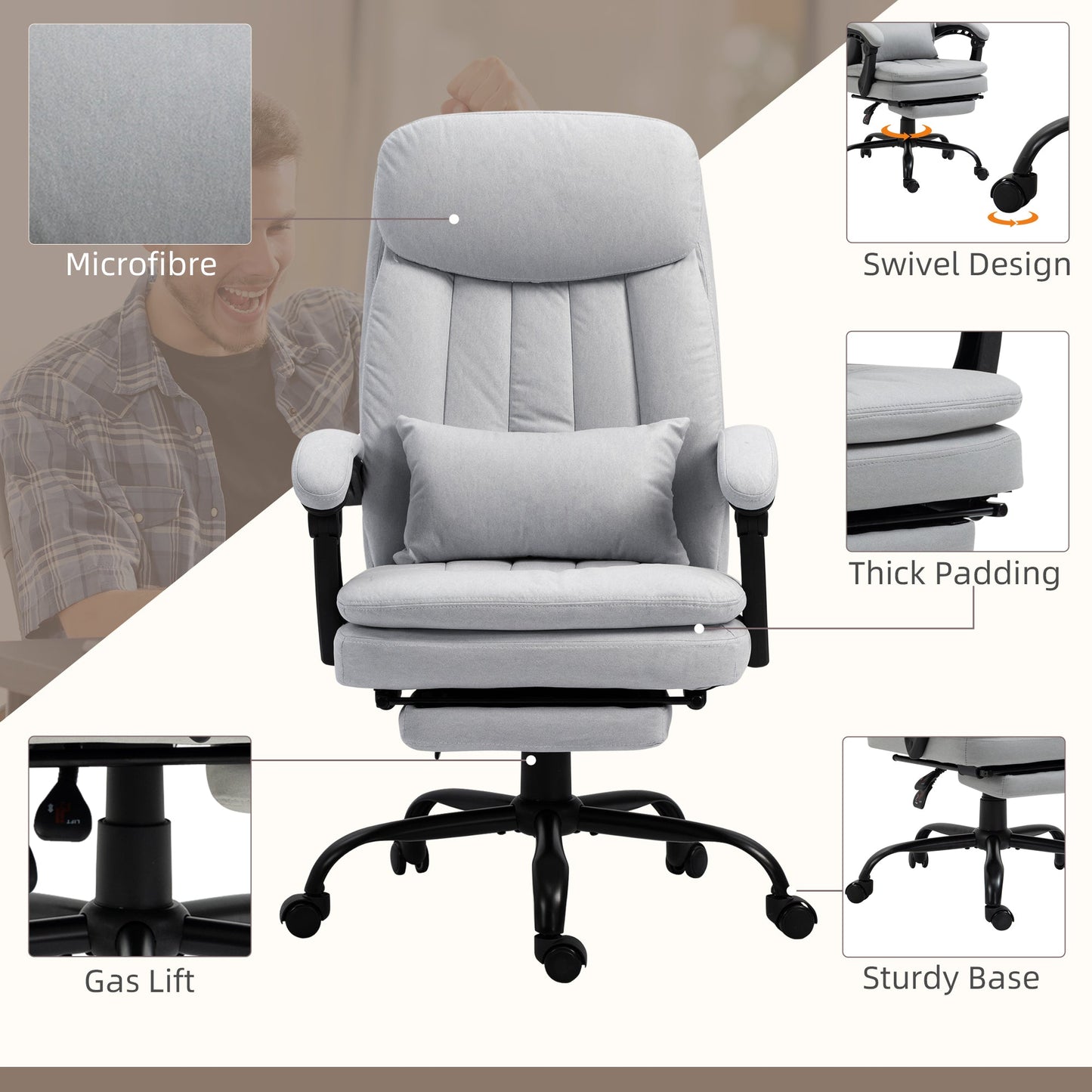 Vinsetto Vibration Massage Office Chair with Heat, Microfibre Computer Chair with Footrest, Lumbar Support Pillow, Armrest, Reclining Back, Grey