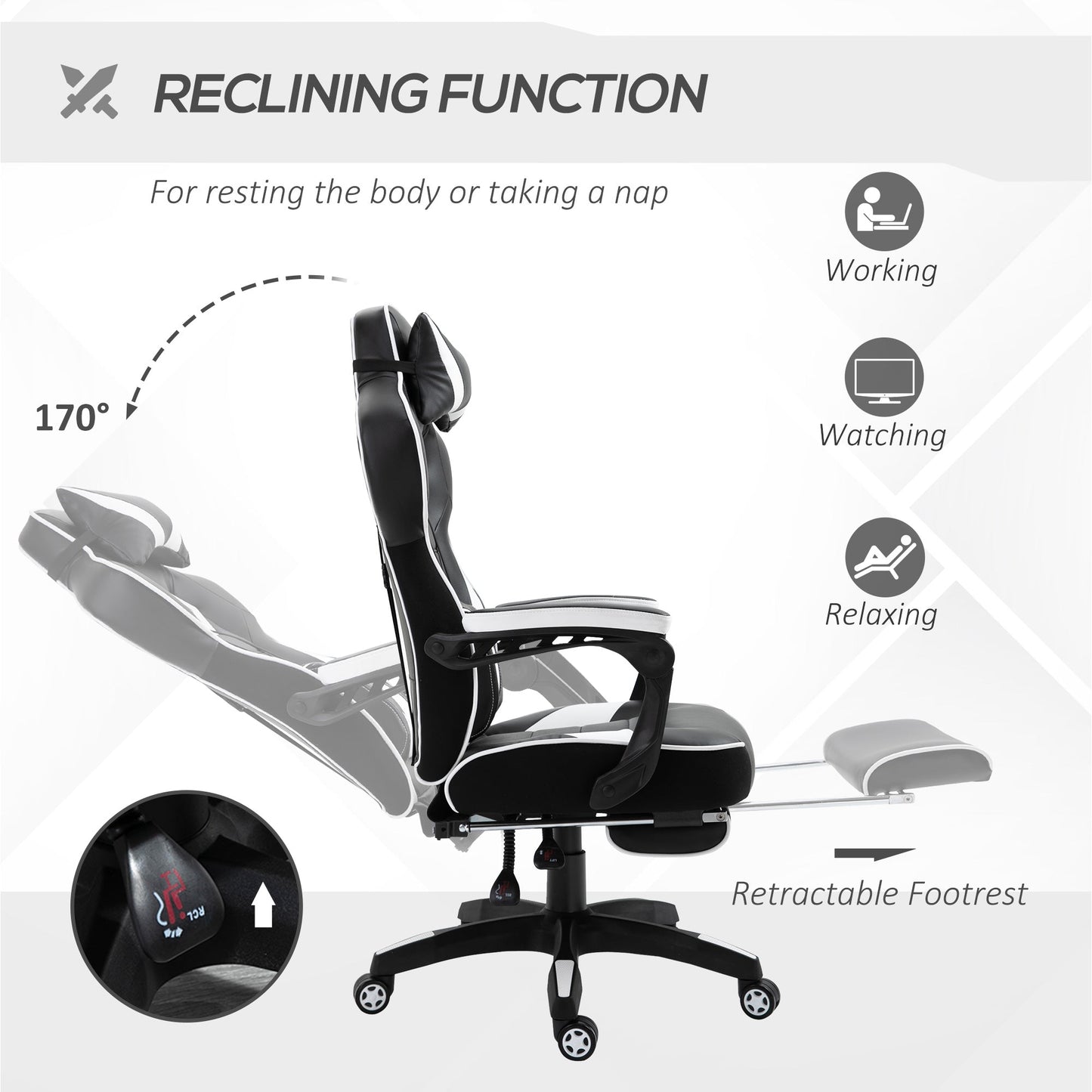 Vinsetto Computer Gaming Chair, Racing Desk Chair with Lumbar Support and Footrest, PU Leather Gamer Chair with Headrest and Swivel Wheels for Home, White