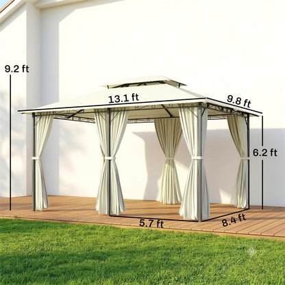 Outsunny 4m x 3(m)Garden Gazebo, Double Roof Outdoor Gazebo Canopy Shelter with Curtains, Solid Steel Frame for Lawn and Deck, Beige
