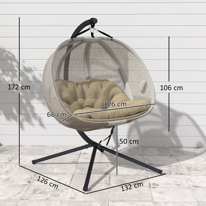 Outsunny Double Hanging Egg Chair 2 Seaters Texteline Swing Hammock Chair with Stand, Cushion and Folding Design, for Indoor and Outdoor, Brown