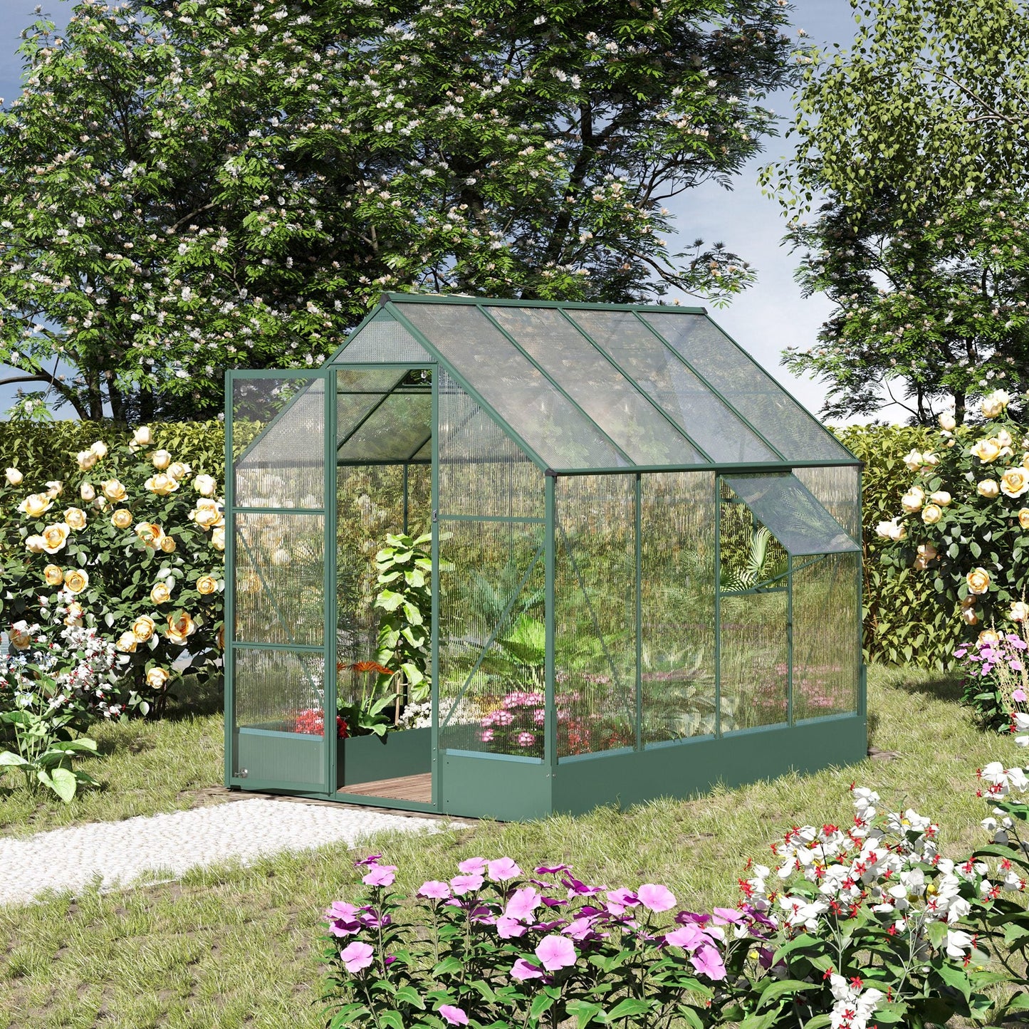 Outsunny 6x8 FT Polycarbonate Greenhouse with Base and Raised Bed, Walk-in Greenhouse with Aluminium Frame, Temperature Controlled Window, Foundation for Plants, Flowers, Vegetable