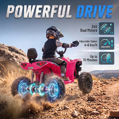 AIYAPLAY 24V 2 Seater Electric Quad Bike for Kids, Ride On Car ATV Toy w/ Forward Backward, for Boys Girls 3-8 Years, Pink