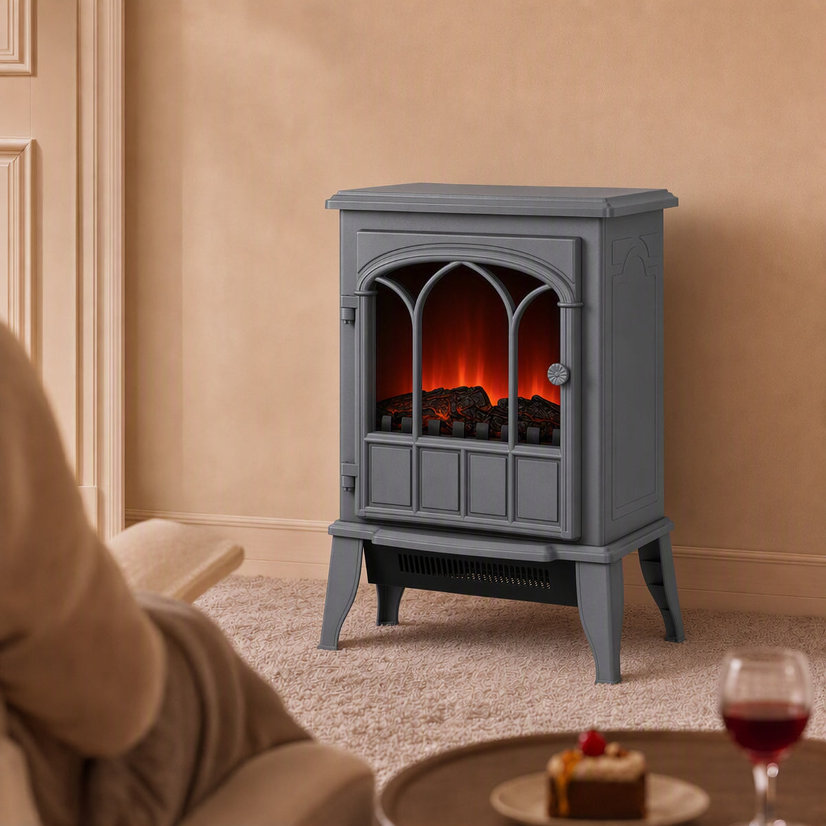HOMCOM Freestanding Electric Fireplace, Electric Log Burner with LED Flame Effect, Overheating Safety System, 1000W/2000W Grey