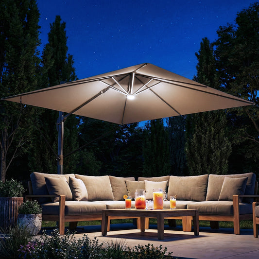 Outsunny 3 x 3 m Garden Cantilever Parasol with Light, Umbrella with Wind Protection, 360° Rotation, Khaki