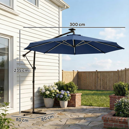 Outsunny 3 m Garden Cantilever Parasol with LED Solar Light, Round Overhanging Umbrella with 360 degrees Rotation, Cover, Navy Blue