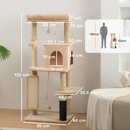 PawHut 132cm Cat Tree w/ Scratching Posts, Pad, Cat Bed, Cat House, Jumping Platform, Grooming Brush, Anti-Tip Kit, Beige