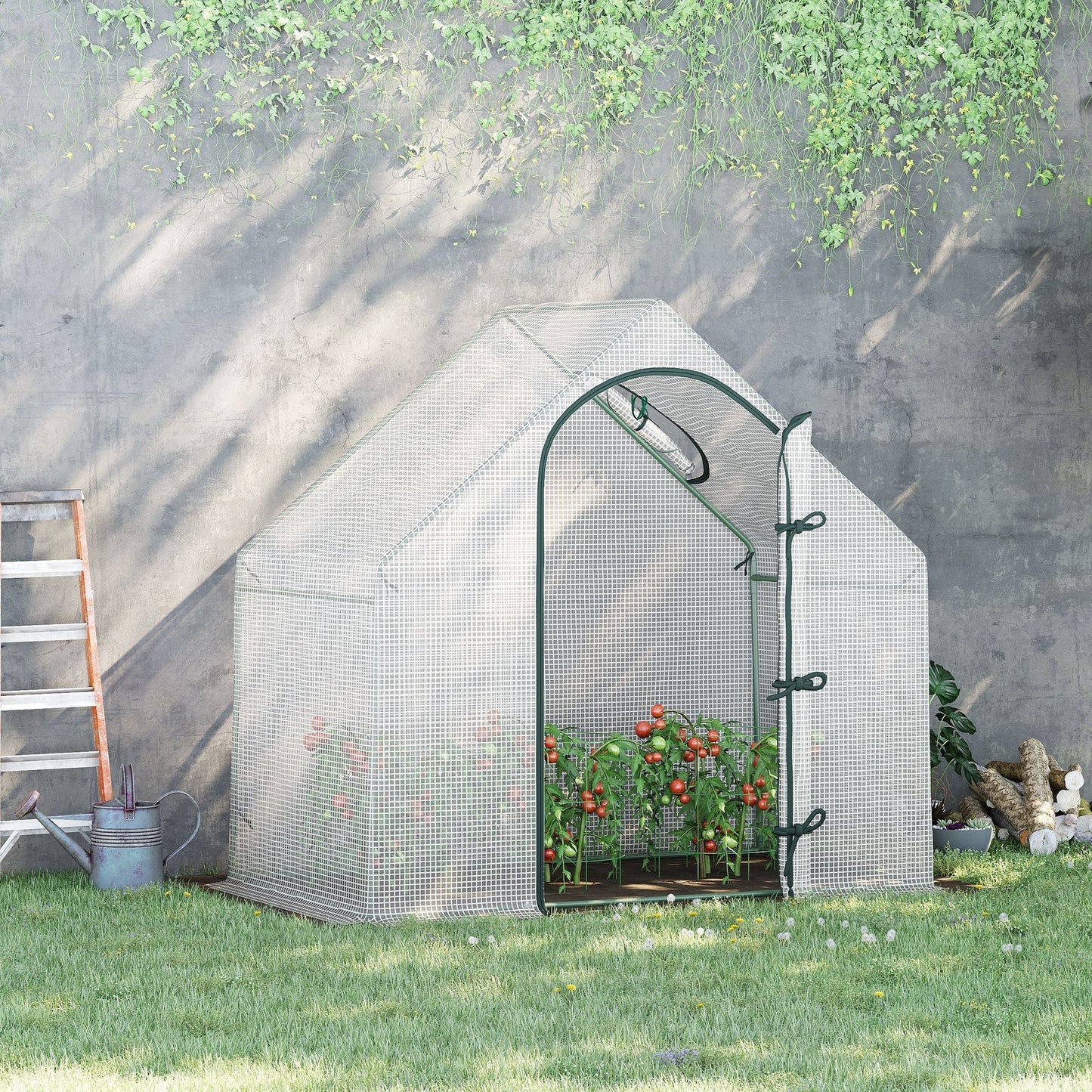 Outsunny Walk In Tomato Greenhouse Garden Outdoor Mini Greenhouse Flower Planter Steel Frame with Zipped Door & Window, PE Cover, 180 x 100 x 168CM, White