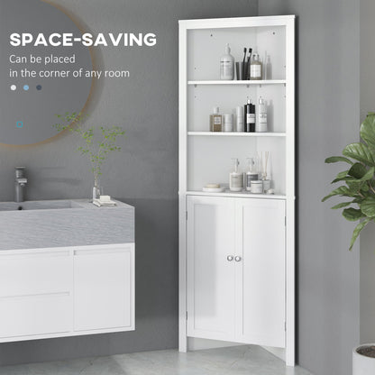 kleankin Triangle Bathroom Cabinet, Corner Bathroom Storage Unit with Cupboard and 3-Tier Shelves, Free Standing, White