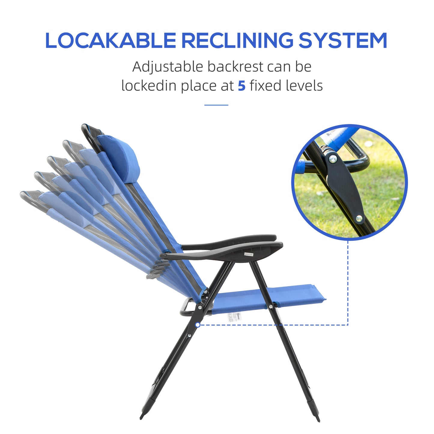 Outsunny Set of 2 Portable Folding Recliner Metal Outdoor Patio Chaise Lounge Chairs with Adjustable Backrest, Blue