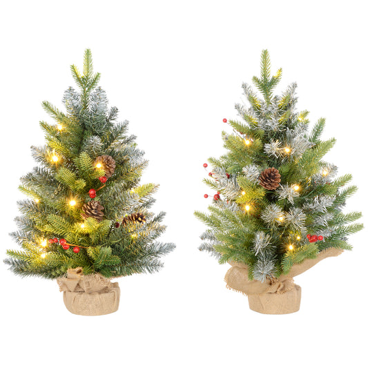 HOMCOM Set of Two 2ft Christmas Trees, with Lights, Berries and Pinecones