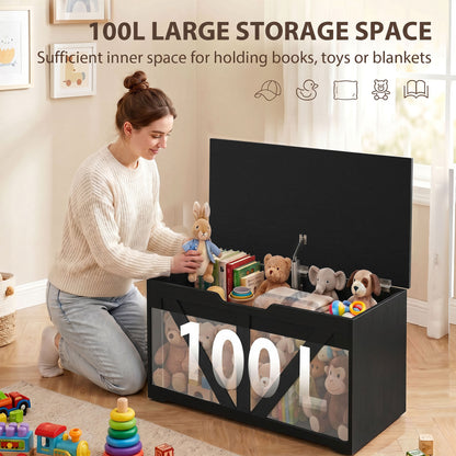 HOMCOM 100L Home Storage Box, with Safety Hinge - Black Wood-Effect