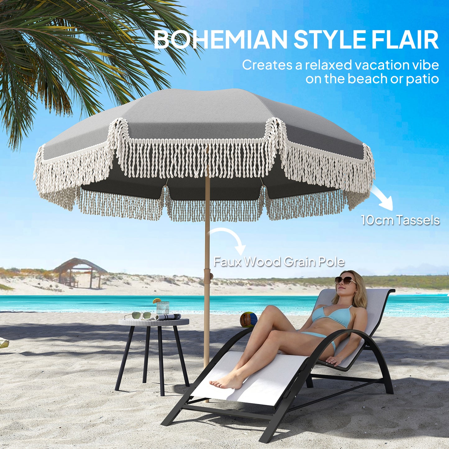 Outsunny 1.7 m Beach Umbrella with Sand Anchor, 30Â° Tilting Fringed Beach Garden Parasol with Adjustable Height, Grey