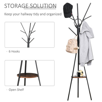 HOMCOM Freestanding Metal Coat Rack Stand 9 Hooks Clothes Tree with 1 Shelf Hat Display Hall Tree Hanger Bag Umbrella Hanging Organiser Brown